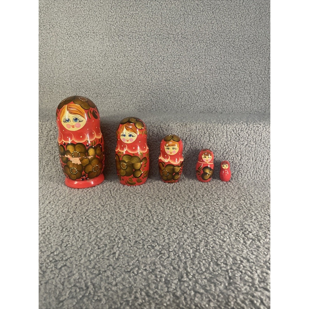 Russian Style Nesting Dolls Girl Vintage Hand Painted Wood 5 Piece